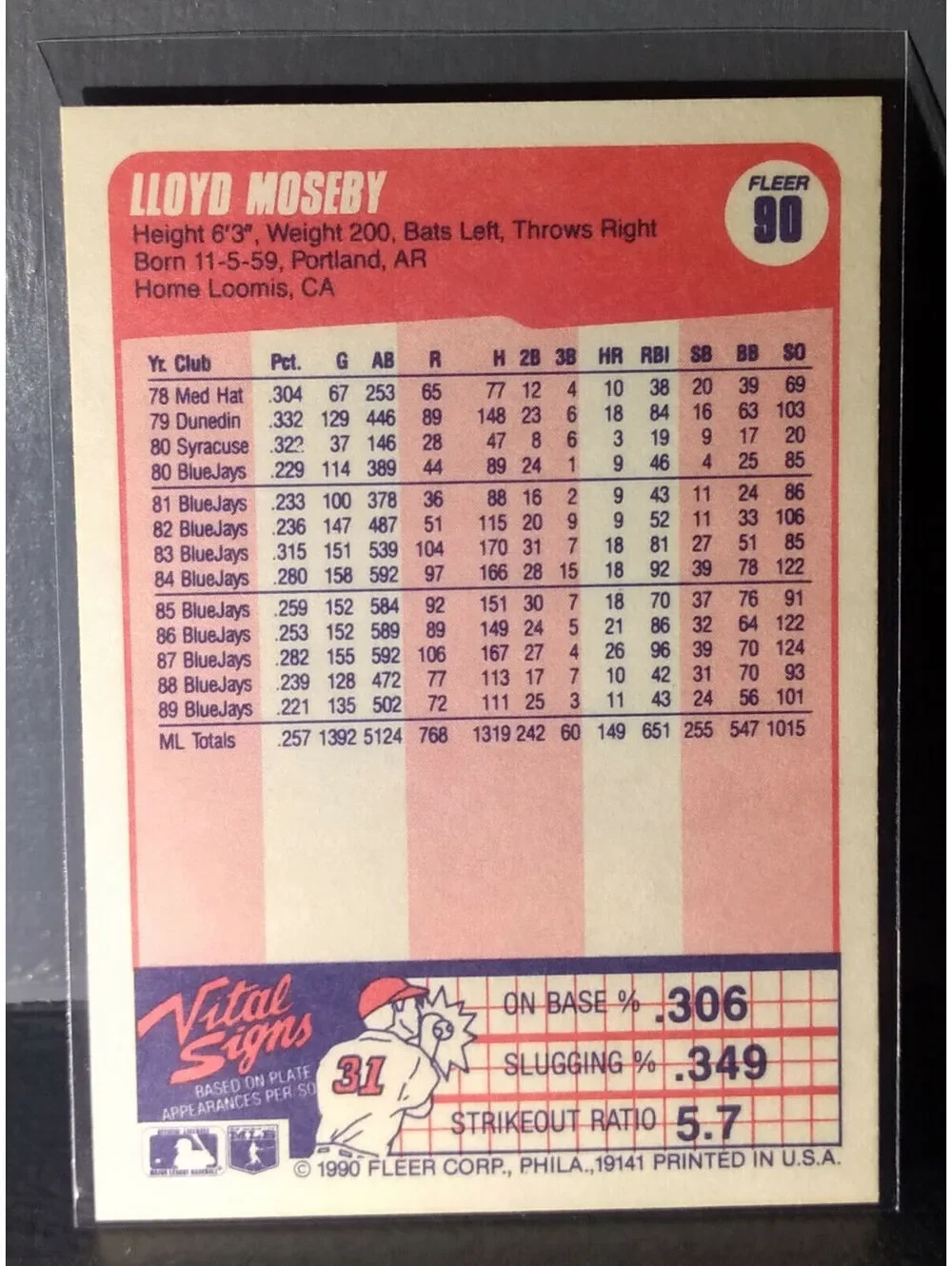 1990 Lloyd Moseby Fleer Baseball Card #90